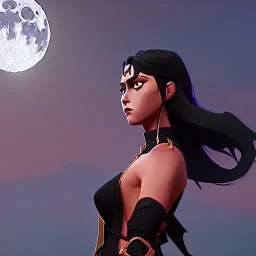 black hair lady warrior top with blade under the Moon