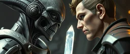Close-up confrontation between an ancient alien outcast leader synth and a space broker, standing only a meter apart, intense eye contact, glowing crystalline rod between them, anger mixed with sadness, dramatic facial expressions, shallow depth of field, cinematic lighting, stylized 3D anime, airbrush painting, crisp outlines, escher , rembrandt and titian, fallout 4
