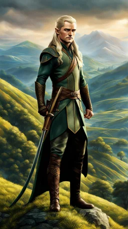 Legolas en las colinas, Art Déco, full body, calidad ultra, hiperdetallado, increíble obra de arte, 64K