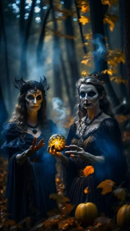 Halloween portrait of merciless medieval countess and her creepy sister in big eyed trance, clawed hands, full moon, swirly mist,autumn wind, performing arcane invocation ritual of smoke demon with immense power on luminous stone altar in dark forest grove, shot on Hasselblad h6d-400c, zeiss prime lens, bokeh like f/0.8, tilt-shift lens 8k, high detail, smooth render, down-light, unreal engine, prize winning