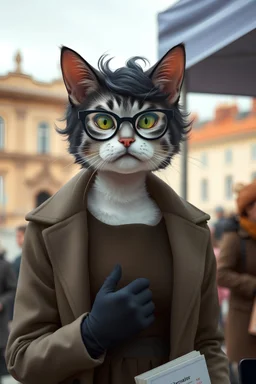 una gata con pelo negro y rulos cortos, gafas oscuras, guantes, guardapolvo y vestido. Es bibliotecaria. Está en una feria de libros en una plaza.