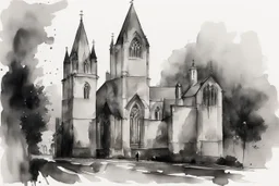 Portrait of an English church in black and white wet watercolour