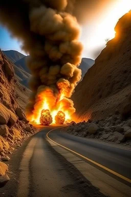 fire explosion under cracked mountains rocks road