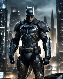 Create an image of a Batman in a highly detailed and advanced armored suit, similar to the one shown but with even more intricate designs and cool features. The armor should have a sleek, futuristic look with glowing elements and enhanced gadgets visible on the suit. The setting is at dusk in an urban environment, with the character standing on a high-rise building overlooking a cityscape that reflects the advanced technology of the world they are protecting.