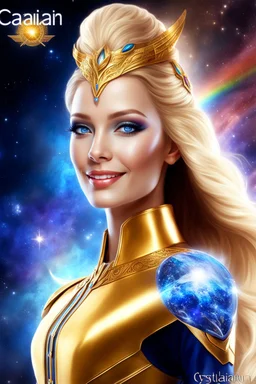 cosmic woman angels smile, admiral from the future, one fine whole face, crystalline skin, expressive blue eyes,rainbow, smiling lips, very nice smile, costume pleiadian, Beautiful tall woman pleiadian Galactic commander, ship, perfect datailed golden galactic suit, high rank, long blond hair, hand whit five perfect detailed finger, amazing big blue eyes, smilling mouth, high drfinition lips, cosmic happiness, bright colors, blue, pink, gold, jewels, realist, high commander,ufo rainbows