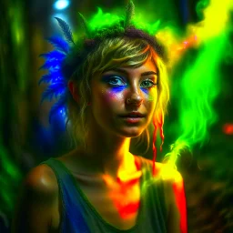 photorealism, paint splatter, a hippie pixie in the underground grove glowing light, in the style of dali, 8k, down-light, soft light, depth of field, photo realism, trending on art station, high detail, smoke and fog