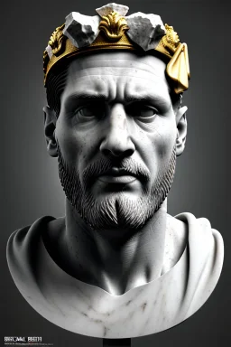 Ultra Realistic image, Roman sculpture bust, clean white marble material, Lionel Messi, gold crown of thorns, renaissance ornaments, one gold star, gradient background, cinematic lighting, god light, 4k resolution, smooth details, ornate details, soft lighting, unreal engine 5, art station, substance 3d.