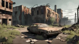 San Andreas game, Abandoned city: Ruined buildings, rusted car, overgrown streets, graffiti, animal tracks, shadow of an abandoned power plant, style: post-apocalyptic, lighting: twilight, color scheme: grey, green, rust, camera: 35mm, perspective: panoramic, detail: high