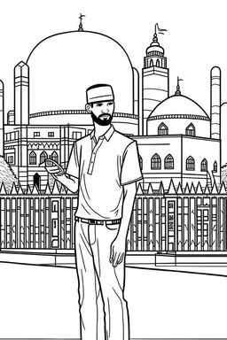 A coloring sheet, full body,A young man holding a sign up in his hand, with the Al-Aqsa Mosque behind him.