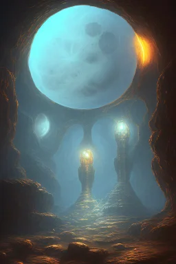 abstract, Moon like lamp in a dwarven mine underground, dungeon