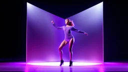 modern stage with a pretty lady in modern clothing dancing, 3D recursive structure animating background