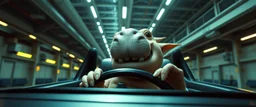 car driving happy 2d anime fluffy alien hippo gremlin man in the style of Escher and Giger and Fallout 4, pinhole cam, airbrush 3d rendering, on tv screen:A five-second cinematic single take in a clean industrial presentation hall.