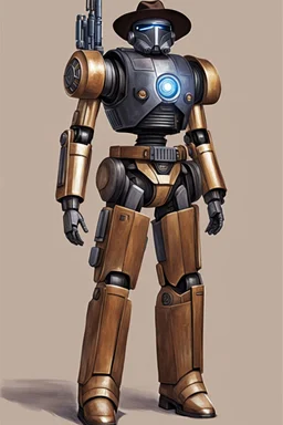 A Star Wars Combat Droid, Wearing Western Cowboy Clothes, Armour looks like Halo, Wearing a cowboy hat and a Cowboy Over-Coat.