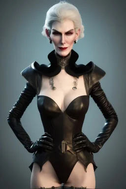 Carmen Dell`orifice as evil queen in black leather, leather, busty, cleavage, angry, stern look. character design by cory loftis, fenghua zhong, ryohei hase, ismail inceoglu and ruan jia. unreal engine 5, artistic lighting, highly detailed, photorealistic, fantasy