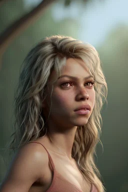 Shakira artist, Realistic image, natural waist up portrait. vibrant color, highly detailed, art stations, concept art, smooth, unreal engine 5, god lights, ray tracing, RTX, lumen lighting, ultra detail, volumetric lighting, 3d, finely drawn, high definition, 4k.