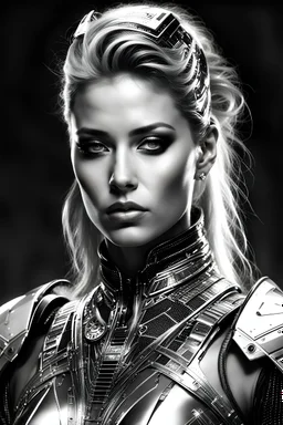 Generate an 16k image of a futuristic Hollywood superstar with android features, inspired by Luis Royo's art, wearing a metallic exosuit.In black and white,