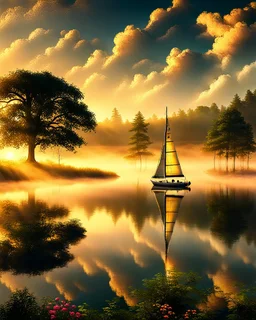 serene landscape of a peaceful lake at sunrise, with misty fog rising from the calm water, surrounded by lush green trees and vibrant flowers. A solo sailboat with a white sail billows in the gentle breeze in the distance. The warm sunlight casts a golden glow on the scene, with the sky transitioning from soft pink to gentle blue and feathery clouds. The trees are reflected perfectly in the still water, creating symmetry and balance. Evocative of a tranquil and harmonious m