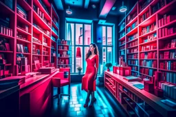 surreal image full-height shot of a young woman in tight red clothing, inside a large modern magic shop, sitting at a desk, wooden shelving, bottles, windows