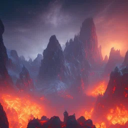 dynamic lighting, Intricately detailed, deep color, Unreal Engine, volumetric lighting, Hell landscape, Hell concept art, Hell fantasy artwork, Mountains, nightsky, orange, red, nebulae, fields, abandoned buildings,