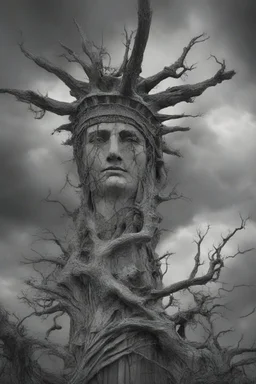 surrealis monochrome A fragmented, surreal the Statue of Liberty liguid color of photorealistic image 3d, psychedelic The tree appears pale with deep cracks and intricate details, evoking a haunting expression. Blackened tree branches intertwine with the gold mengkilat cracks, set against a backdrop of stormy, cloud-filled skies. bauhaus art The overall tone is dark and moody, suggesting themes of decay and transformation