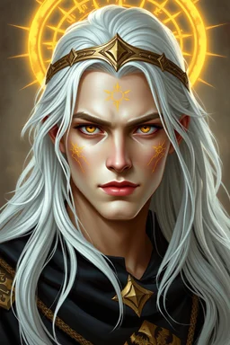 Aasimar Young Male with long White hair and golden eyes and who has many celestial golden runes on his face who is a Cleric for D&D 5e