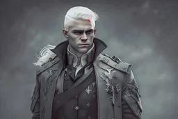 A white masculine human with medium white hair. A Lot of Battle Scars. Full body. Black Military Outfit. HD