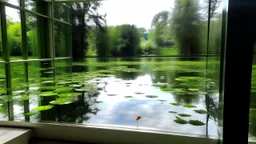 White wall with a window reflected in a pond with water lilies and aquatic plants. On the wall and on one side there is a transparent glass structure. The surroundings are a very green wooded area. Some birds fly over the scene.