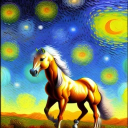 Dibujo al oleo de un caballo con nubes de colores estilo Vincent van Gogh