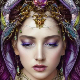 portrait,"Insanely detailed photograph of a beautiful Queen of the light Goddess,gorgeous clean face, highly intricate dress,intricately designed colorful mardigras decorations in hair,ominous,elegant, highly detailed hair, digital painting, artstation, concept art, smooth, sharp focus, illustration, art by artgerm and greg rutkowski, alphonse mucha,Dan witz, 8 k,looking downward,album cover art,fantasy