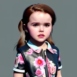 Zoey deutch toddler, full body, leather jacket, floral shirt, floral skirt, shoe, soft skin, city background, dramatic lighting, hyper realistic