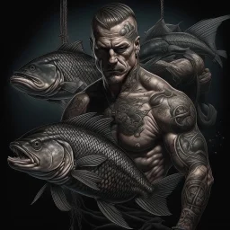 large muscular pale Fishmonger with Sharkteeth and Tattoos dark realistic art