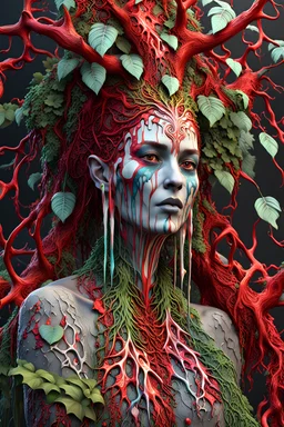 3D rendering of Expressively detailed and intricate of a hyperrealistic “vines”: dripping colorful paint, tribalism, shamanism, cosmic fractals, dystopian, octane render, volumetric lighting, 8k post-production, red and white, detailled metalic bones, dendritic, artstation: award-winning: professional portrait: atmospheric: commanding: fantastical: clarity: 16k: ultra quality: striking: brilliance: stunning colors: amazing