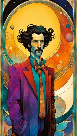 Create a chaotic abstract cubist , ornate Tarot Card depicting ,The Magician with highly detailed facial features, in the style of Bill Sienkiewicz, Philippe Druillet, Gustav Klimt, Alphonse Mucha, and Jean Giraud Moebius, precisely drawn, colored and inked, in muted colors, with ornate bordered edges