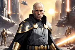 star wars bald male corellian jedi pilot wearing black and gunmetal grey old republic armored robes with gold trim, alone, battle-ready Jedi Master defending a ruined ancient city surrounded by golden light, centered head and shoulders portrait, hyperdetailed, dynamic lighting, hyperdetailed background, 8k resolution, volumetric lighting, light skin, fully symmetric details