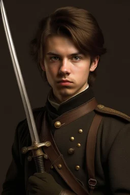 european brown hair young adult royal guard swordsman with rapier dieselpunk