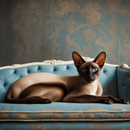 an Oriental shorthair chocolate point Siamese cat with blue eyes lies on an old couch with his head on the armrest staring into space. A beautiful baroque wall in the background, hyperrealistic, a product photo.