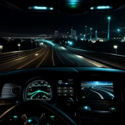 night time, a car dashboard lighting up, a dark road in the windscreen, with a beautiful city in the distance