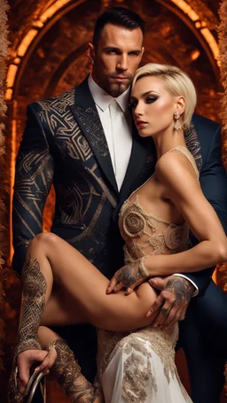 Jason david frank muscular male with short dark hair and tribal tattoos, wearing a designer suit, whispering in ear of young blonde woman, with short hair, wearing white wedding dress. fantasy, hyper realistic