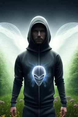 running alien portrait , black jogging suite , in the night Alps , holding leaves and flowers , angels background, volumetric light, high detail, dark leaf tree, dark mountains in background, perfect, HR Giger style