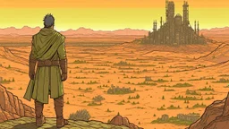Desert warrior from behind looking at a city on a plateau in the distance, comic style