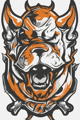 angry bull-terrier hockey logo, thick lines, vector simplified, black white and orange