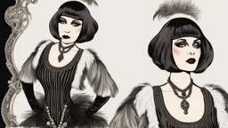 Full Body, burlesque Woman With A Bob With A Fringe Hairstyle, 1920s flapper style Clothing, Morticia, Steampunk, Black Background