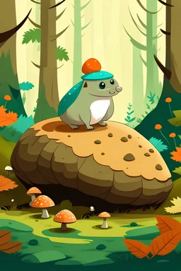 Vector image with colors inspired by Looish of a cute, young and agile character of a mixed animal, mixed acorn, standing in a Nordic forest with big rocks, moss and mushrooms in the background