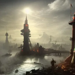 fallout 4, ships buildt into city, dam bridge city, spray paint, mongols, chalk,chimney,warhammer, fantasy game art