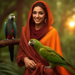 Hyper Realistic close-up-view of a Beautiful-Young-Happy-Pashto-Woman-with-beautiful-eyes-smiling-with-a-parrot, orange-dress-&-maroon-shawl & breeze-whirling in a jungle-with-tall-trees & cloudy-sunset-&-sun-rays showing dramatic & cinematic ambiance