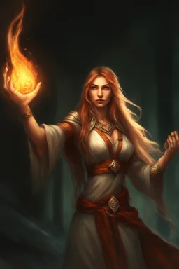 Female eladrin druid that has fire abilities. Long hair that has fire texture. Has a big scar on face after a animal attack.