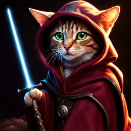 Retrato de un Cat Jedi con túnica y capucha, espada luminosa, cuerpo completo, calidad ultra, hiperdetallado, arte digital, 8k