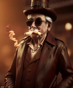 steampunk, cabaret scene. old man. Sunglasses, rain, smoking, happy, hot, people background, highly detailed, concept art, unreal engine 5, god rays, ray tracing, RTX, lumen lighting, ultra detail, volumetric lighting, 3d, finely drawn, high definition, high resolution.