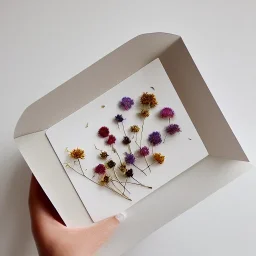 aesthetic layout of small dried flower in the open white vinyl envelope, vintage, tender, mild colours