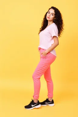 beautiful lady in pants and pretty shirt curvy long hair sport shoes standing posing tocamera simple color background